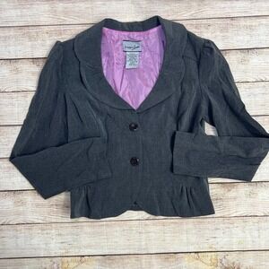 Breakin Loose Cropped Blazer Size 3/4 Grey Pink Lined Puff Sleeve Peplum Office